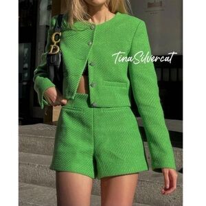 Zara Green High Waist Textured ‘Tweed’ Shorts